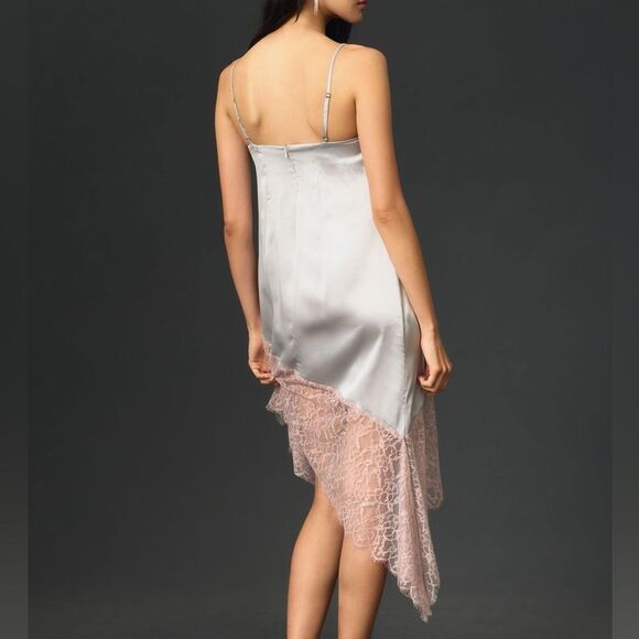 NWT Anthropologie Lace-Trimmed Asymmetrical Midi Slip Dress Gray Pink Size 8 NEW - Picture 6 of 16